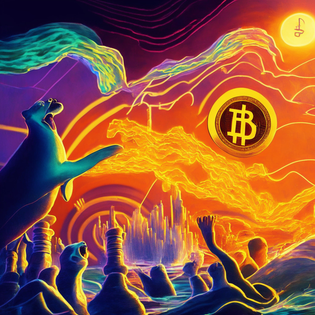 Cryptocurrency rollercoaster, Pepe Coin descending, potential recovery, market gains, vibrant colors, exchange listings ahead, swirling charts, candlesticks merging with artistic strokes, evening light casting warm hues, whales emerging, contrast of meme tokens, AiDoge promising rise, air of uncertainty, investors' anticipation, energetic mood.