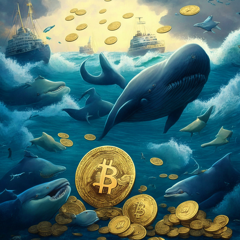 Majestic whales accumulating coins, contrasting rise and fall of Pepe Coin and SpongeBob Token, dusky market setting, intricate bearish and bullish indicators, debate around controversial origins, potential for recovery and growth, uncertain crypto seascape.