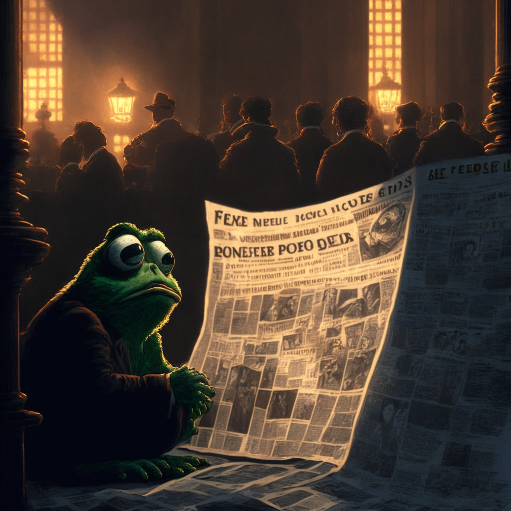 Intricate cryptocurrency market scene, a worried Pepe mascot observing a plunging chart, moody dusk lighting, blend of Baroque and modern artistic styles, tense atmosphere, a newspaper headline hinting at Wall Street Memes as promising alternative, gentle whispers of potential exchange listings.