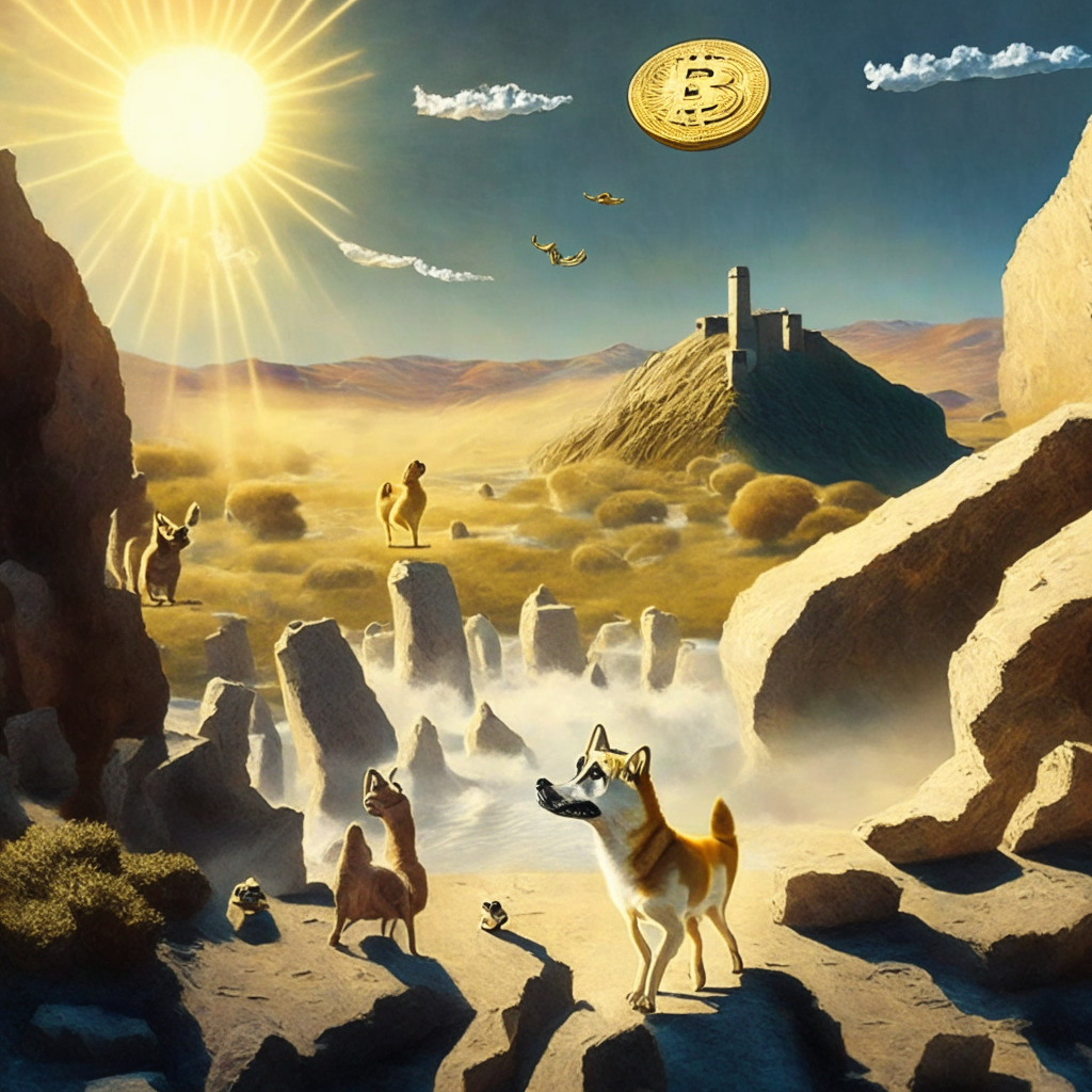 Surrealistic crypto landscape, Pepe Coin soaring, DOGE, SHIB, FLOKI in background, contrasting light and shadows, dramatic chiaroscuro, mood of curiosity and caution, hint of volatility, underlying excitement among onlookers, artistic representation of success vs stagnation.