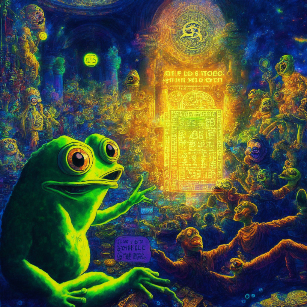 Intricate crypto market scene, Pepe the Frog, SpongeBob, AiDoge, dynamic universe, vivid colors, baroque art style, ethereal lighting, energetic mood, soaring coins, memes as prominent elements, investors analyzing charts, MACD & EMA indicators displayed, text quotes on FOMO, 0.000005 resistance point, $1.2 billion market cap, risk-reward balance.