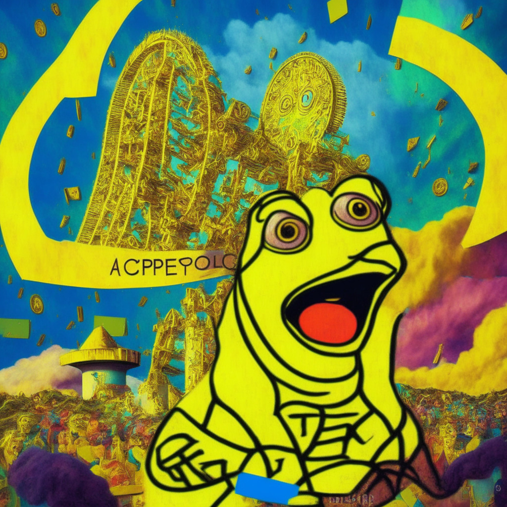 Meme token rollercoaster, Pepe coin's uncertain future, new contenders SpongeBob, Copium, AiDoge, dramatic shifts in mood and light, prominent exchange platforms backdrop, balanced mix of optimism and uncertainty, dynamic, abstract-art-inspired crypto atmosphere, hint of renaissance style, playful yet sophisticated.