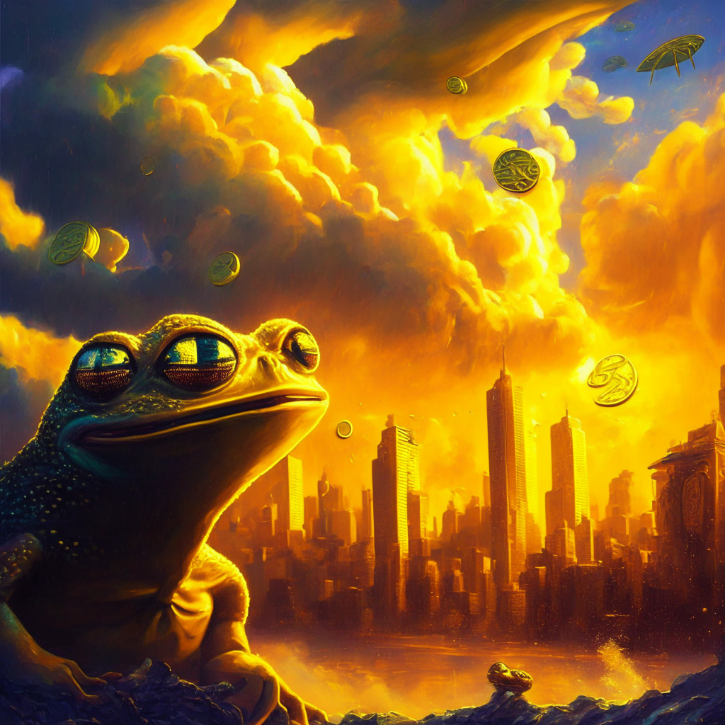 Surrealistic crypto world, vibrant Pepe Coin soaring, contrasting traders' emotions, 756% growth, futuristic cityscape, golden hues of financial gain, striking shadows of risk, uncertain storm clouds surrounding, atmospheric chiaroscuro, fleeting success vs. lasting impact, whirlwind of speculation, cautious optimism.