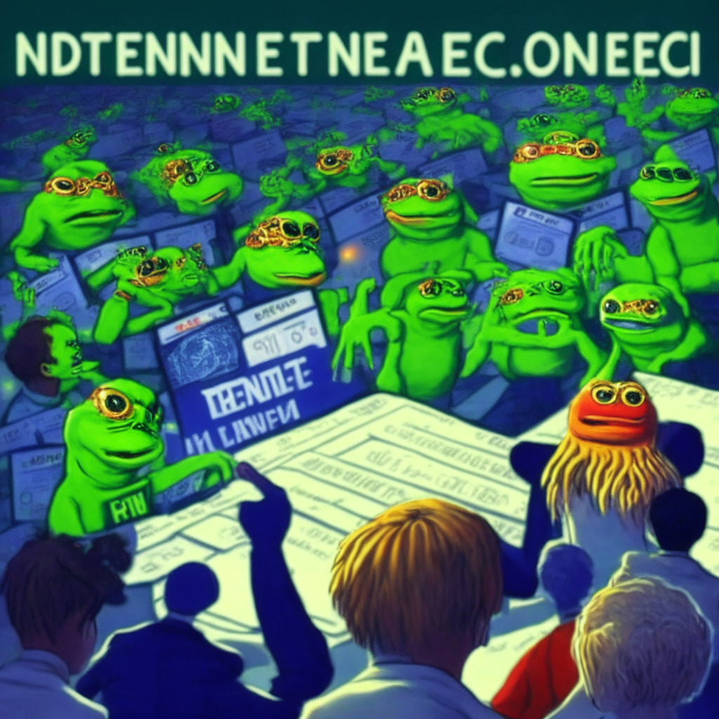 Mistaken meme controversy, public apology, CBDC restrictions in Florida, anime avatar NFT memecoin surge, Bitcoin Ordinals debate, scam-baiting fake crypto environment, market fluctuations, Pepe memecoin scam alerts. Scene: outraged crypto community, contract signing, vibrant NFT, exuberant market, a watchful eye on scams. Artistic style: futuristic, intense, cautionary. Mood: vigilant, dynamic, intense.