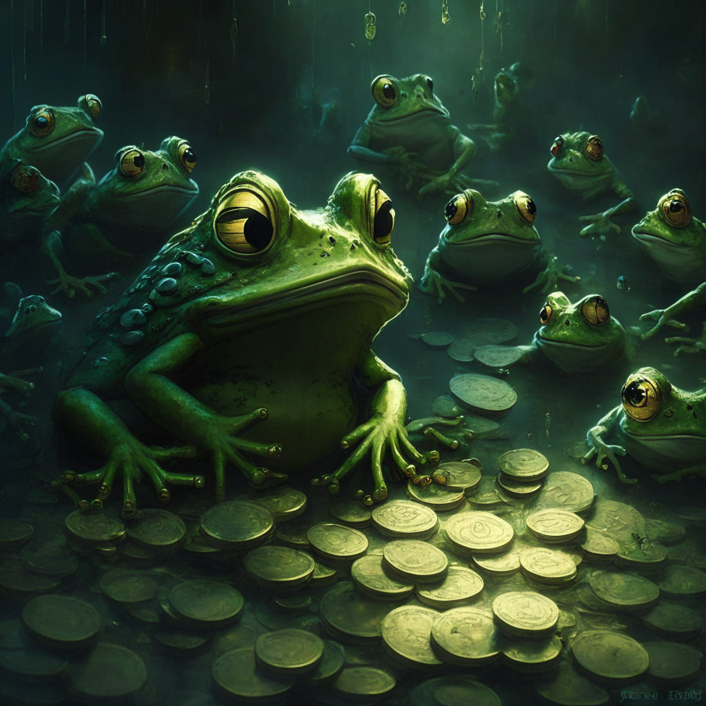 Frog-themed cryptocurrency craze, soaring value, balance of skepticism and enthusiasm, volatile market, caution for investors, dark & contrasting artistic style, chiaroscuro light setting, blend of whimsical & moody atmosphere, cryptocurrency tokens scattered, expressive emotions on characters' faces.