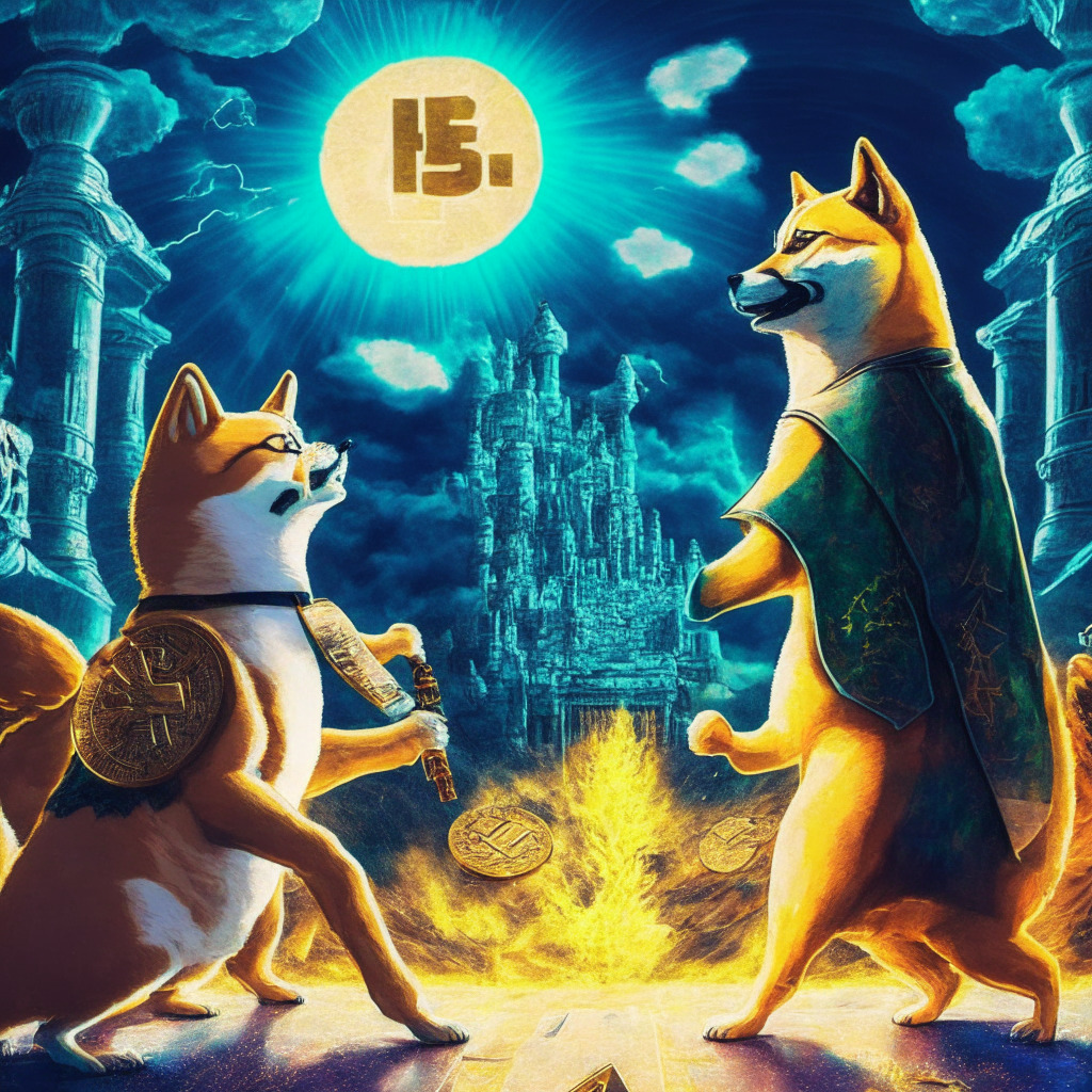 Meme coin battle scene, Pepe and Shiba Inu facing off, dramatic chiaroscuro lighting, chiaroscuro, surreal surroundings, market cap signs, upward and downward graph trends, Pepe confident and gaining momentum, Shiba Inu concerned and struggling, 2023 skyline, energetic atmosphere, colorful Baroque-inspired portrayal, sense of competition and anticipation.