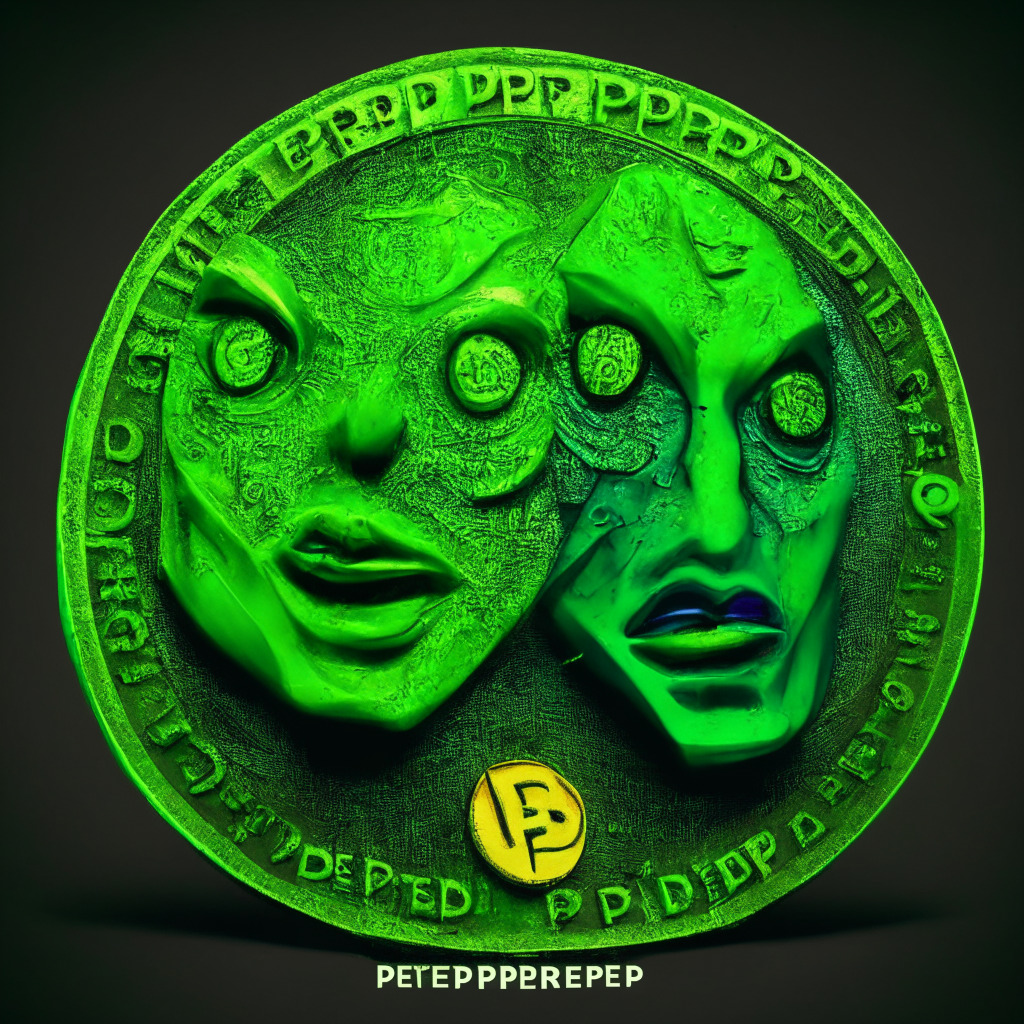 Meme coin craze, PepeDerp & Derp Face fusion, colorful digital tokens with expressive faces, contrasting light and shadows, playful yet uncertain mood, suspicious undertones, eco-friendly tokens, vivid green hues, cyberpunk AI aesthetic, financial toolkit imagery, feeling of possibility and innovation, cautionary undertone.