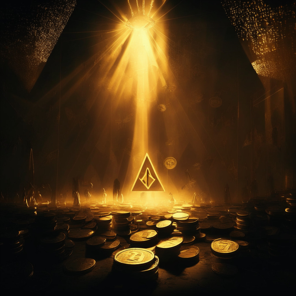 Cryptocurrency market scene, memecoin in spotlight, a coin drops symbolizing price correction, ascending triangle pattern emerging, dark moody atmosphere with golden light accents, chiaroscuro, anticipation and uncertainty, signs of a potential bullish recovery, 350 characters.