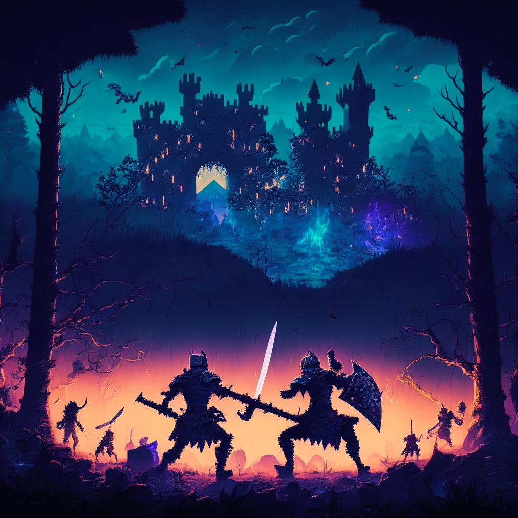Dusk-lit crypto battle scene, Uniswap & Coinbase as artistic warriors, intricate blockchain armor, fierce competition vibes, flourishing Pepecoin forest backdrop, decentralized stronghold vs centralized fortress, meme coin sparks igniting the air, evolving landscape, under Binance's towering dominance.