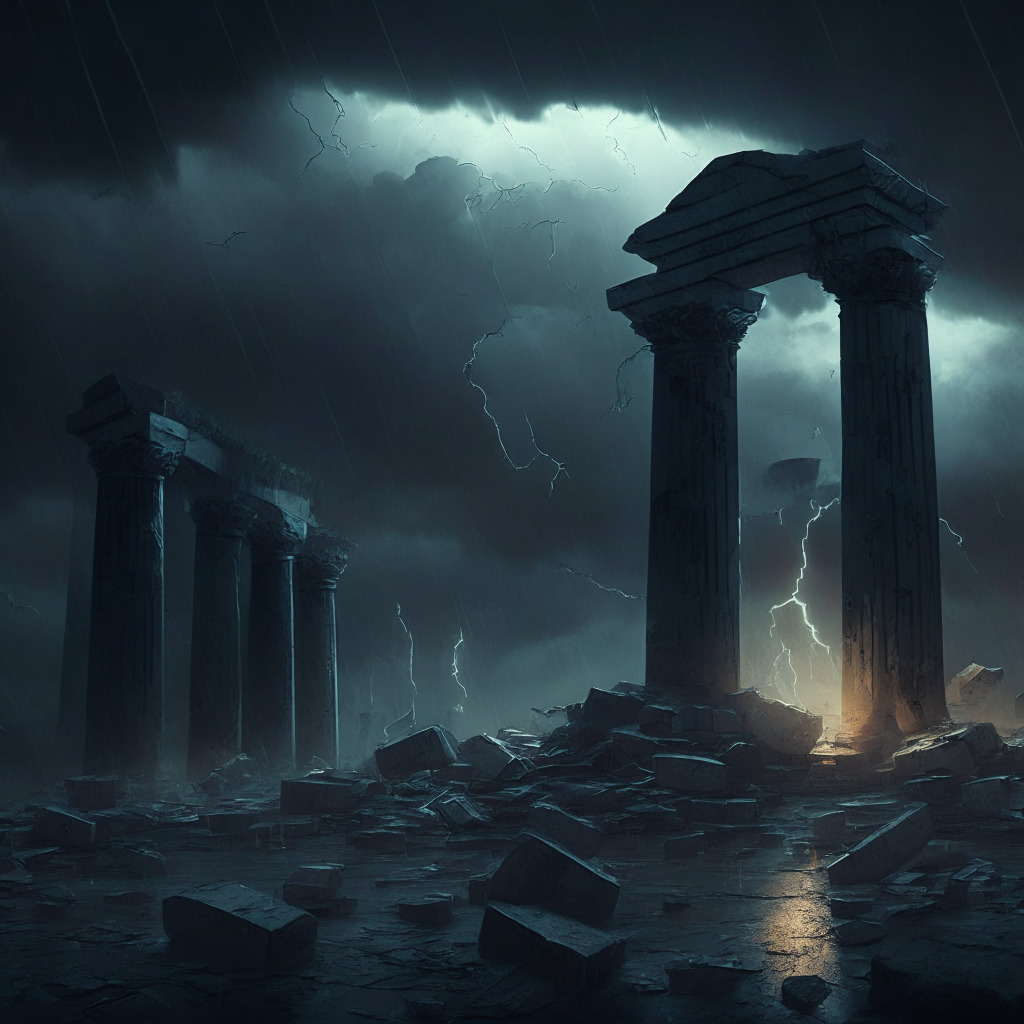 Desolate cryptocurrency market scene, dark and stormy sky, falling Pepecoin among crumbling support pillars, bearish crossover looming, downtrend with subdued lighting, intense selling momentum, uncertain atmosphere, hints of potential recovery amidst the chaos.