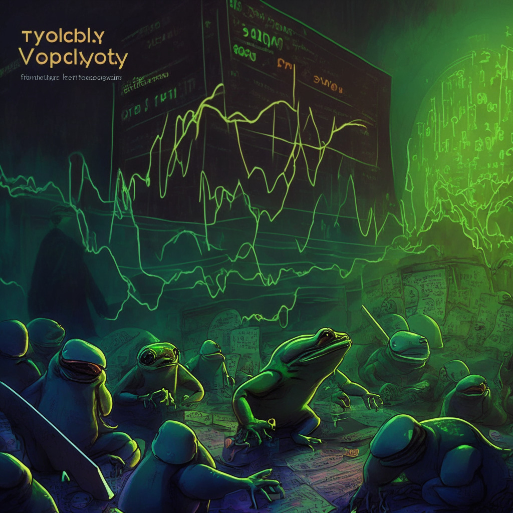Cryptocurrency volatility, frog-themed crypto rally halt, light trading scene, muted colors, evening market atmosphere, delicate balance, profit-taking, Ether market, encouraging investment, Aave & Metis partnership, liquidity incentives, intense competition, 50-day SMA breach, triangular consolidation, cautious mood.