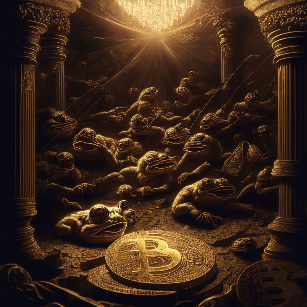 Intricate scene of cryptocurrencies battling within converging trendlines, intense chiaroscuro lighting, dramatic Baroque style, tense and uncertain mood, prominent PEPE coin caught in a struggle, key support and resistance levels highlighted, potential breakout moment encapsulated.
