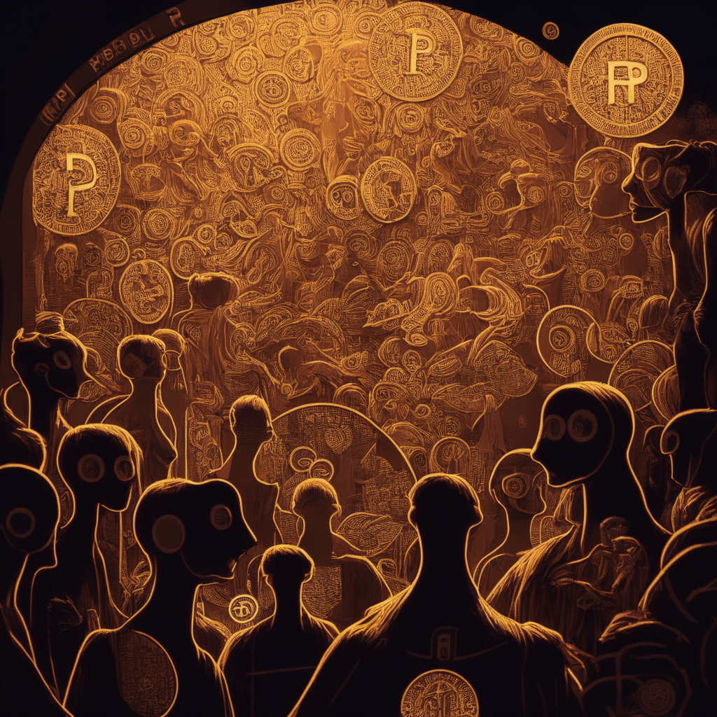 Intricate crypto market scene, surrealistic style, warm-toned hues, delicate chiaroscuro lighting, Pepecoin's inverted head & shoulder pattern, tense atmosphere. Investors surrounding pattern, analyzing potential opportunities, uncertain expressions, hints of optimism, subtle focus on $0.00000157 support and $0.0000021 resistance.
