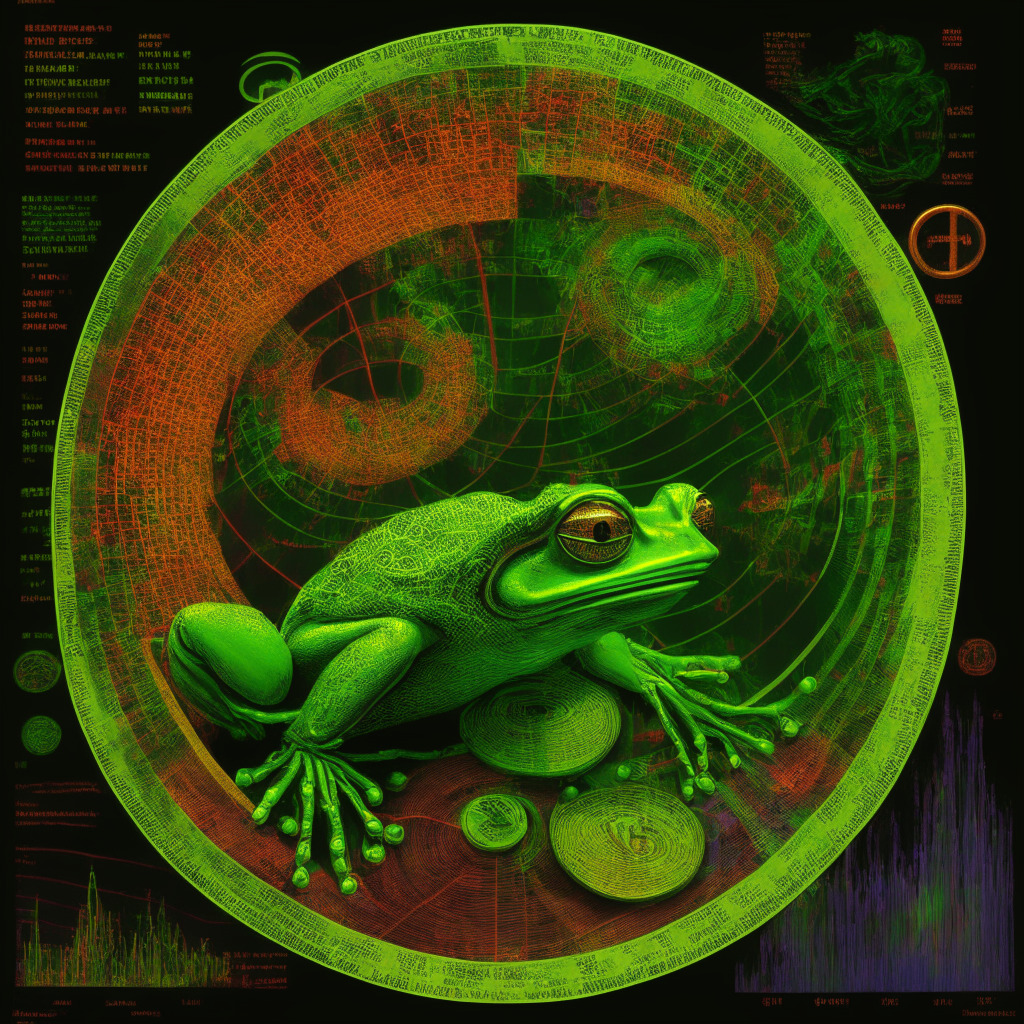 Frog-themed memecoin amid resistance struggle, intricate crypto-market background, contrasting hues of green and red, dynamic battle between buyers and sellers, golden Fibonacci spirals, pastel colors symbolizing market uncertainty, moody chiaroscuro lighting, subtle touches of Surrealism conveying volatility, sideways movement hinting at potential recovery, RSI and Bollinger Band indicators as symbolic accents.