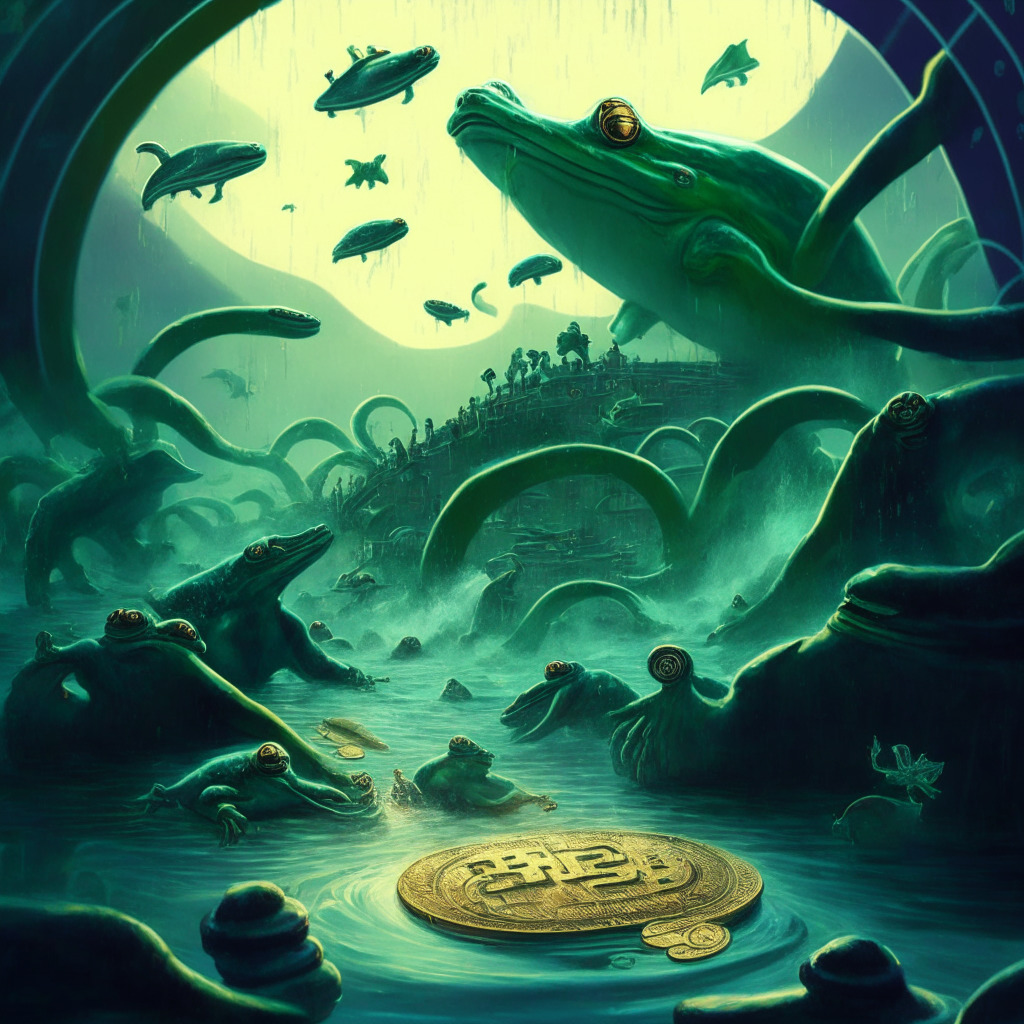 Surreal crypto rollercoaster scene, frog-themed memecoin in the spotlight, artistic interpretation of a 400% price rally, whales profiting in the background, moody atmosphere from uncertain future, subtle reflections of selling pressure, shadows of potential for being dumped, no intrinsic value but priceless essence, mysterious market conditions.