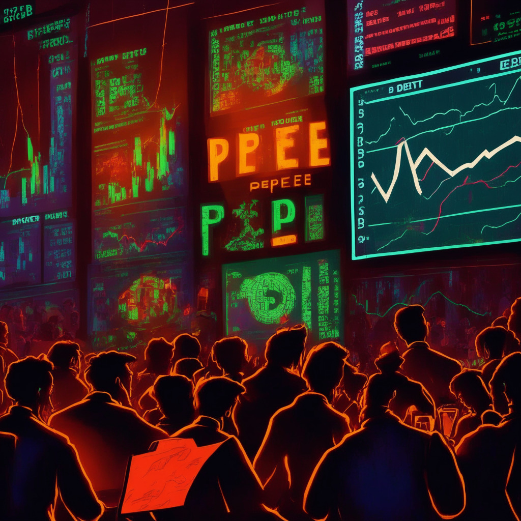 Cryptocurrency market turmoil, Pepe coin's decline, an 80s styled Wall Street trading floor bustling with energy, contrastingly glowing screens displaying Wall Street Memes and $WSM tokens, neutral-toned descending triangle pattern on charts, a hint of optimism with RSI and MACD indicators, innovative investment opportunities on the horizon.