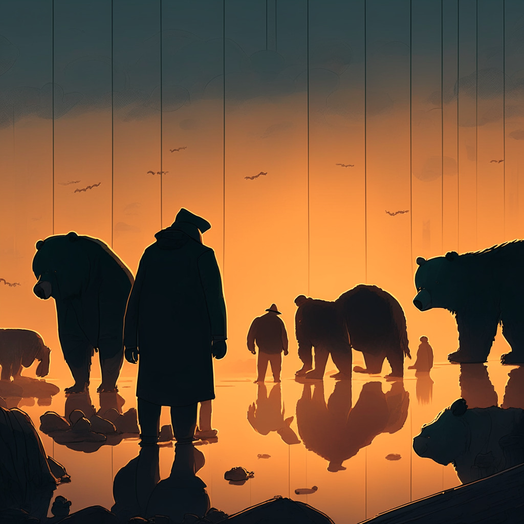 Gloomy bearish market scene, shadowy figures representing institutional investors, unstable crypto coins, fading light emphasizing uncertainty, subdued color palette reflecting negative sentiment, contrast of resilient Bitcoin with wavering altcoins, cautious investing mood, hint of sunrise symbolizing hope.