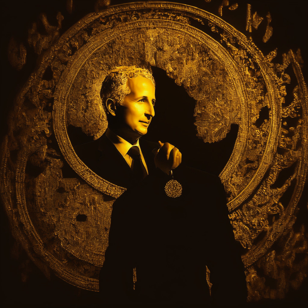 Intricate gold painting on a dark background, Peter Schiff confidently presenting his NFT collection, warm welcoming atmosphere, hues of golden triumph, gleaming blockchain, delicate balance between skepticism and optimism, subtle touch of ornate elegance, a hint of Bitcoin's symbolic presence.