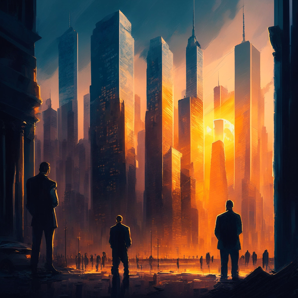Intricate cityscape with cryptocurrency theme, sunset lighting, oil painting style, tense mood. Include a regulatory building, Gemini sign on a skyscraper, halted construction site, people inspecting new crypto products, a shadowy figure with financial conflict, investors cautiously studying market.