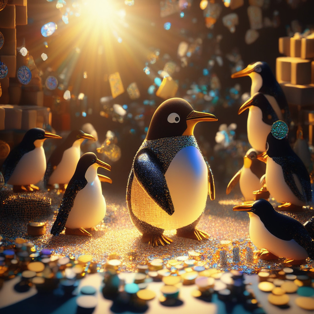Whimsical phygital toy scene, surrealistic penguin toys interacting, warm golden light casting soft glow, intricate mosaic of colors and patterns, playful yet mysterious mood, shadows highlighting excitement, NFT coins subtly woven into the composition, innovative fusion of digital and physical realms.