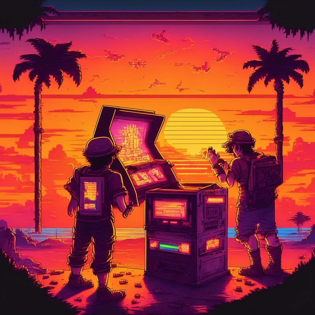 Retro arcade game-inspired scene, two gamers immersed in gameplay, contrasting expressions of joy & concentration, a mysterious glowing cryptocurrency treasure chest nearby, sunset hues setting the mood, opposing forces of artistic touch symbolizing the debate between play-to-earn gaming & gaming for fun, a puzzled onlooker representing industry uncertainty.