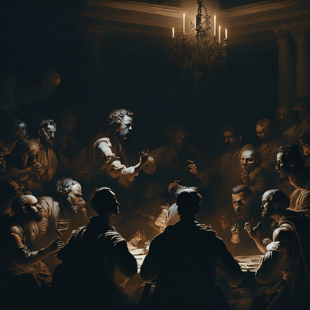 Debate on crypto polarization, figures supporting/opposing, moody dim-lit setting, baroque style, aggressive yet thoughtful expressions, diverse individuals bridging divide, hint of hopefulness, seeking consensus amidst heightened emotions, combating fear-mongering, nuance & understanding.