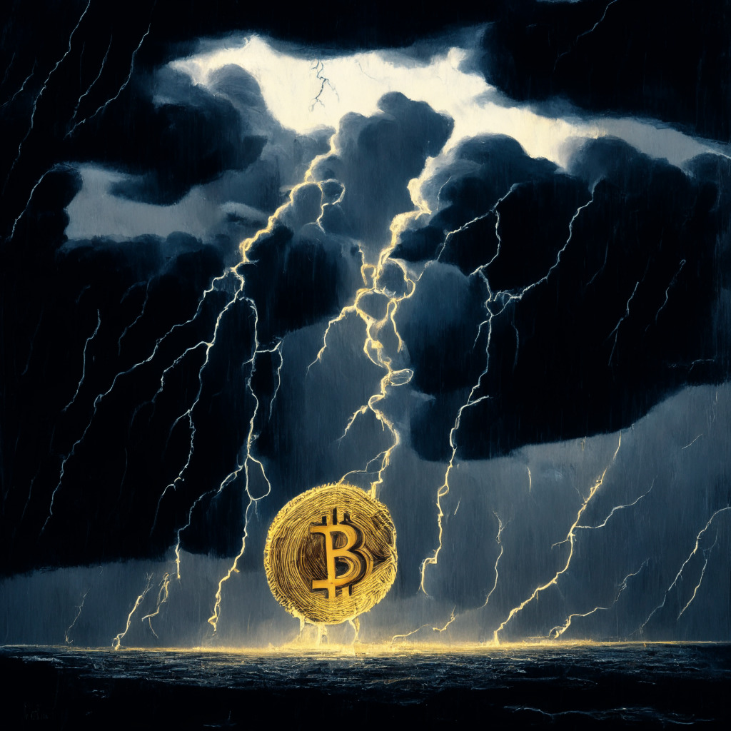 Intricate blockchain design, debt ceiling negotiations in background, dimly lit, storm clouds looming, expressive brushstrokes, tense atmosphere, Bitcoin price fluctuating, $40,000 goal, $24,800 risk, blend of confidence and uncertainty, dominant US dollar shadow, a potential dip-buying opportunity.