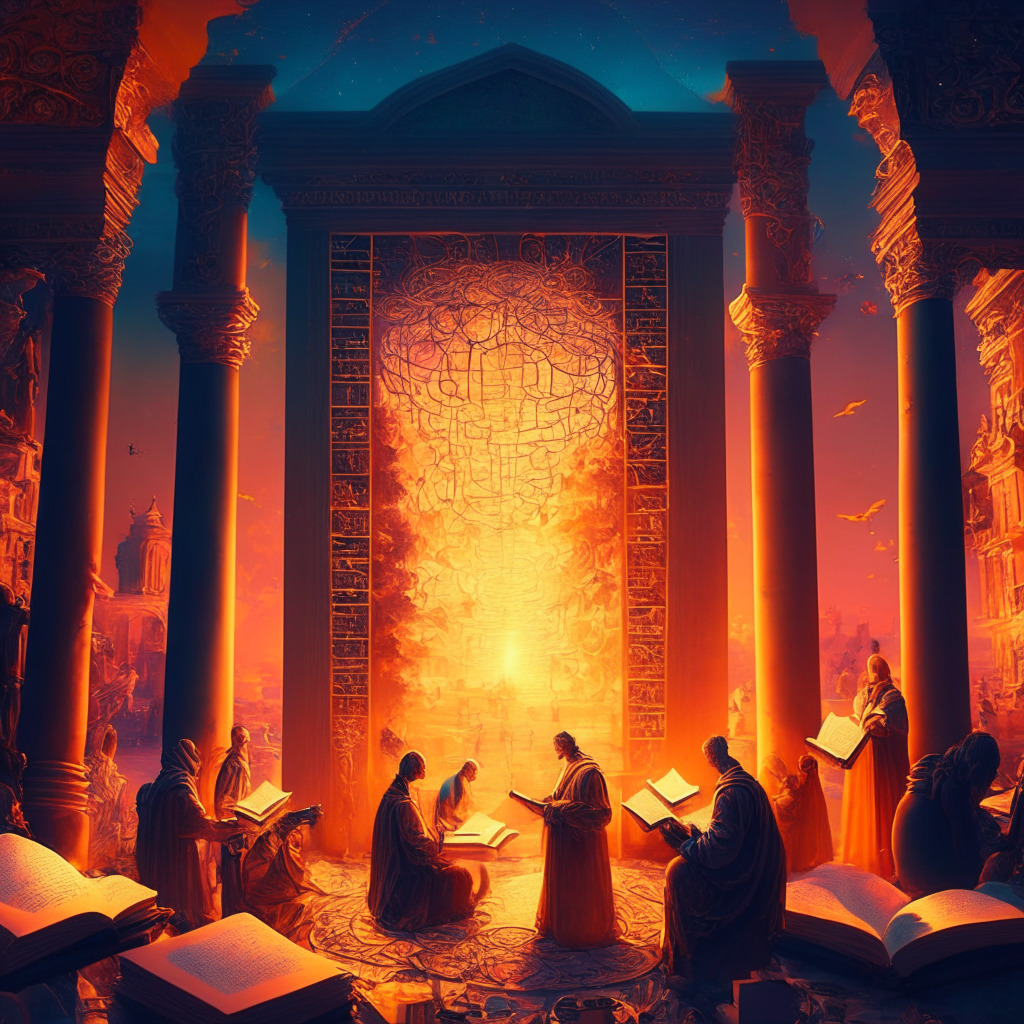 Elaborate AI language preservation scene, diverse individuals speaking various languages, open book with biblical passages, ethereal glow, ancient to modern language scripts, neural network connections, warm sunset hues, celebratory atmosphere, unity in linguistic diversity, Baroque-inspired artwork, mood of harmony and inclusivity.