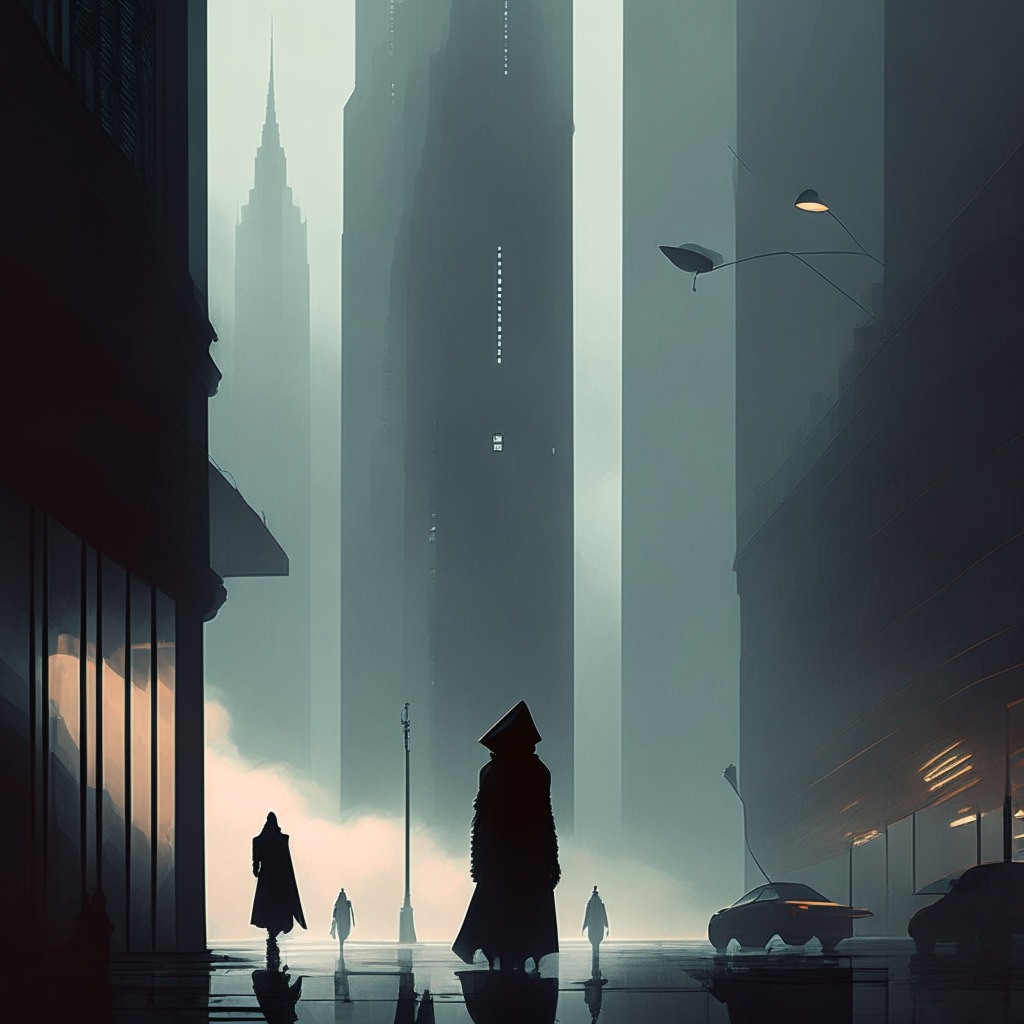 Misty urban financial district, contrasting light/dark shades, mysterious cloaked figure using futuristic tech for crypto transactions, suspicious expressions on passersby, heightened tension, looming silhouette of EBA building in the background, cautionary atmosphere, blend of sci-fi and noir art styles.