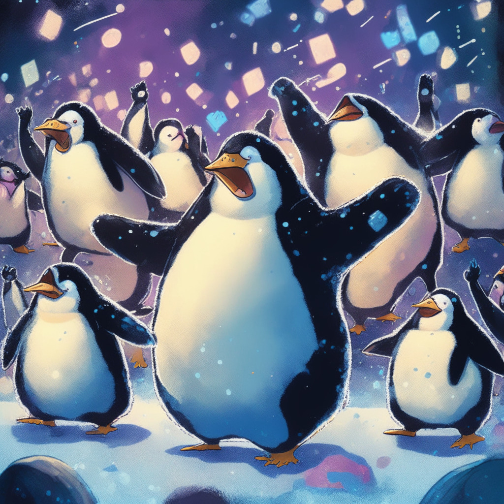 Whimsical pudgy penguins celebrate a triumphant comeback, magic-hour glow, impressionist style, camaraderie amidst adversity, mood of resilience and triumph. Ethereum NFT project revival, rollercoaster journey, seed funding milestone, physical merchandise expansion, talent agency partnership, fan-driven community, evolved influencer status.