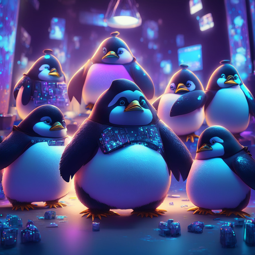 Pudgy penguins join forces with Hollywood agency, intricate web3 gaming scene, soft twilight ambiance, low-angle perspective, enchanting and innovative atmosphere, beloved characters in digital collectibles, game-ready 3D assets, glowing blockchain elements, a touch of regulation, vibrant pop-art with subtle futuristic undertones, dynamic composition.
