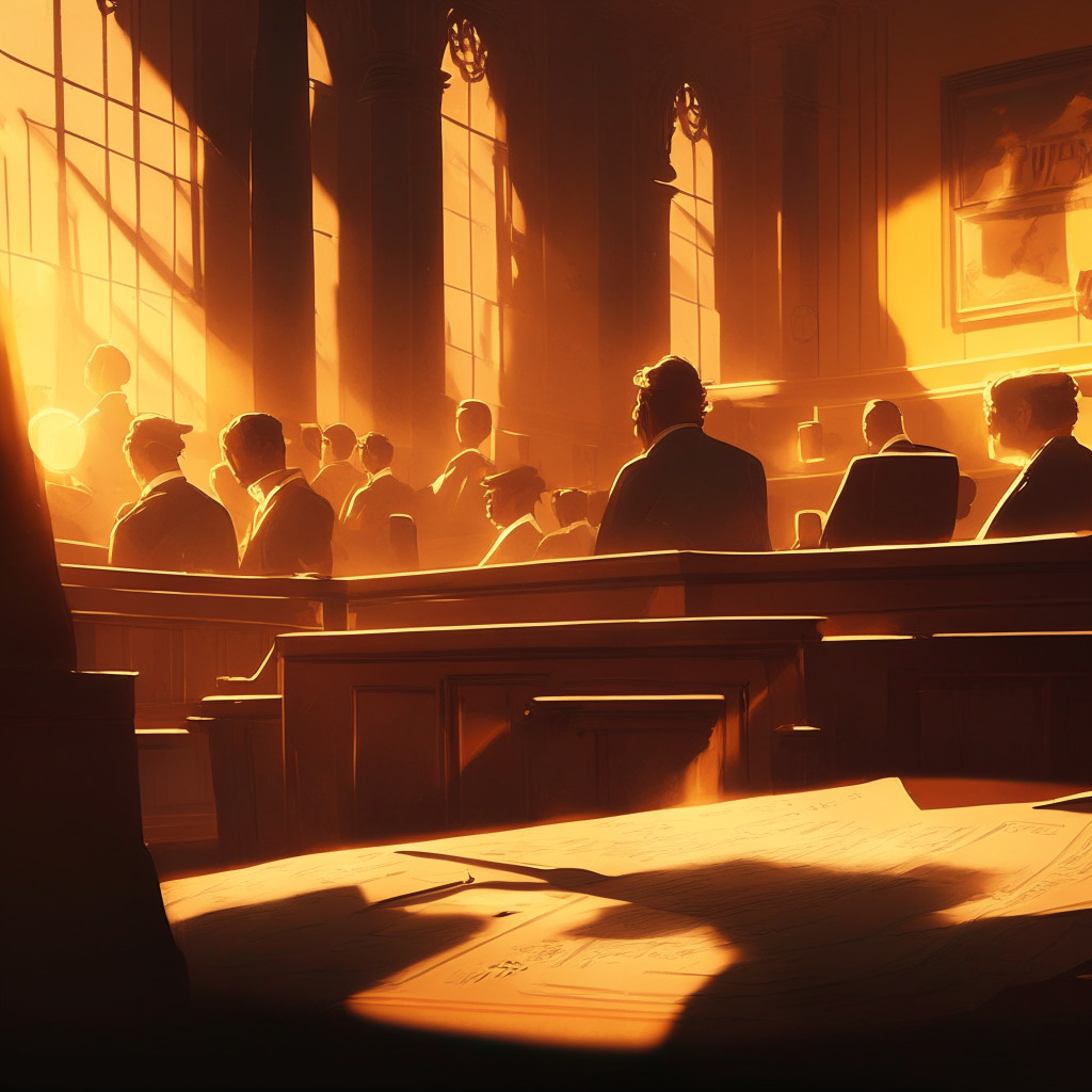 Sunset-lit courtroom scene, a blend of realism & impressionism, golden ambient light, cautiously optimistic atmosphere; QuadrigaCX creditors holding notices, faint shadows of lost funds, hint of a Netflix documentary poster in background, subdued expressions conveying gradual relief yet lingering uncertainty.