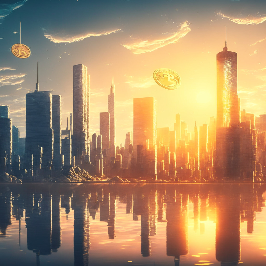 Calm crypto market scene, sunrise over digital city skyline, Bitcoin and Ether coins peacefully floating, subtle, warm light, juxtaposed with Ethereum-powered urban development, touch of Impressionistic style, mood of optimistic uncertainty, hint of emerging technologies shaping the financial landscape.