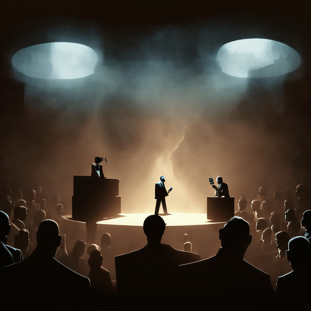 Surreal political debate stage, smoky hazes, contrast of warm and cool hues, presidential candidates with obscured faces, digital coin dropping into a piggy bank, government eyes lurking, public protest scene, intense shadows, chiaroscuro lighting, thought-provoking atmosphere, sense of tension and power struggle, 350 characters maximum