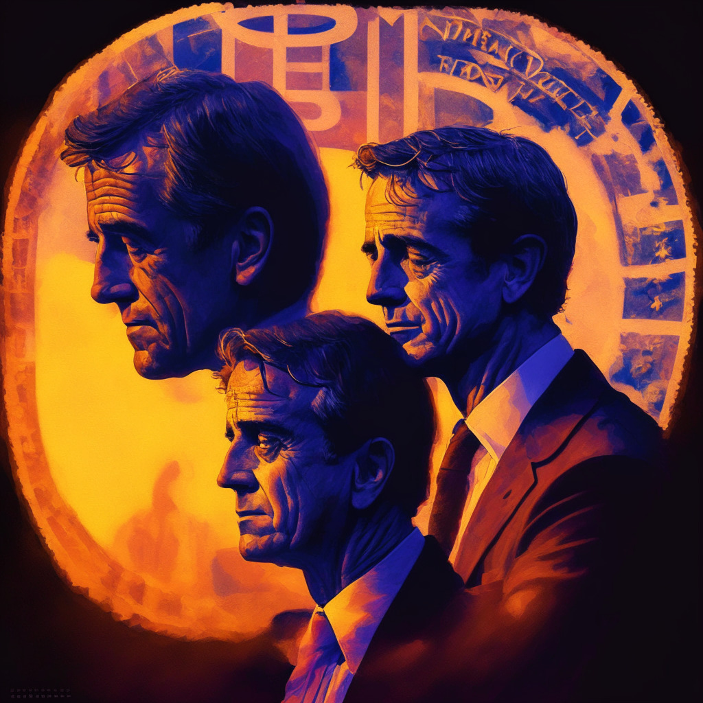 RFK Jr.'s crypto embrace, presidential campaign accepting Bitcoin donations, dusk-lit, artistic touch, cryptocurrency symbols and dollar signs intermixed, balanced mix of hope and skepticism, passionate supporters, and pensive critics, modern renaissance atmosphere, subtle hints of controversy.