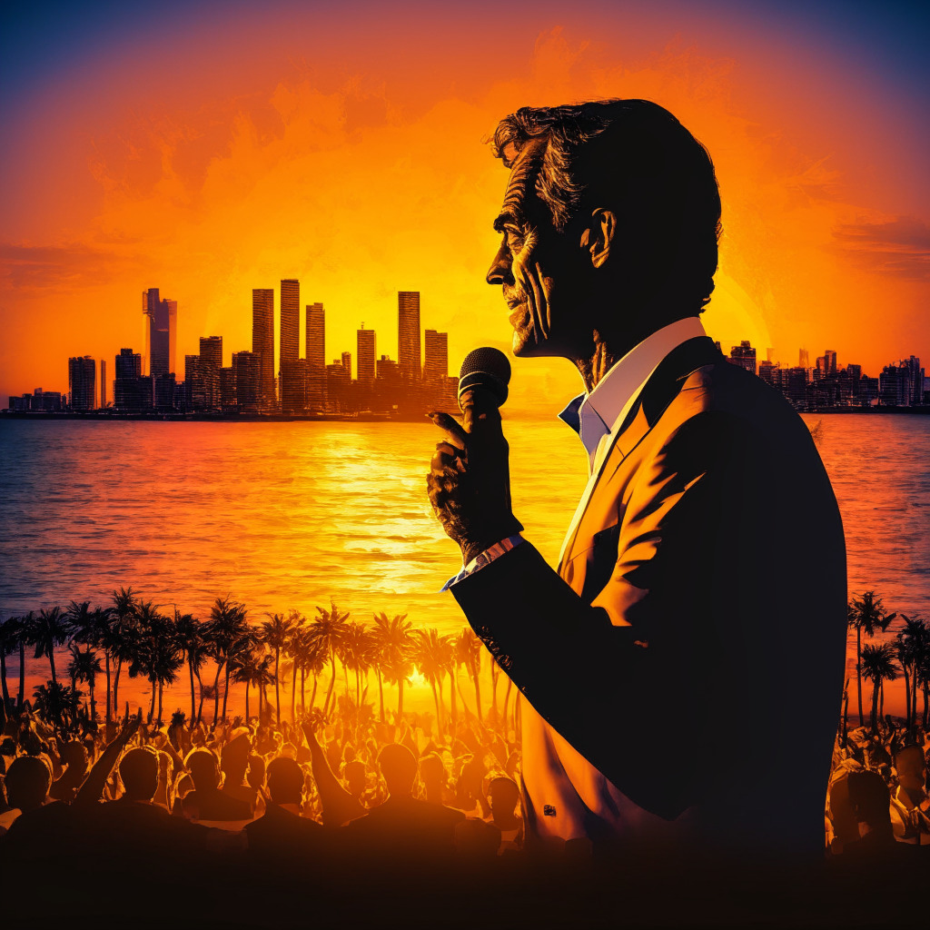 Intricate political stage with RFK Jr passionately speaking, Miami cityscape background, warm sunset lighting, captivating audience, freedom-inspired artistic style, air of optimism mixed with concern, focus on privacy, surveillance, and cryptocurrency debates, subtle reference to environmental andmisuse discussions.