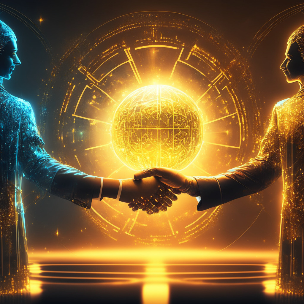 Futuristic-FinTech scene, handshake between glowing entities, privacy-shielding orb, scales of justice, soft golden glow, Baroque painting style, harmonious ambiance, cryptographic symbols, hints of blockchain in the backdrop, compliance and privacy coexisting, serene mood, secure transactions aura, intricate details on orb, discreet identities.