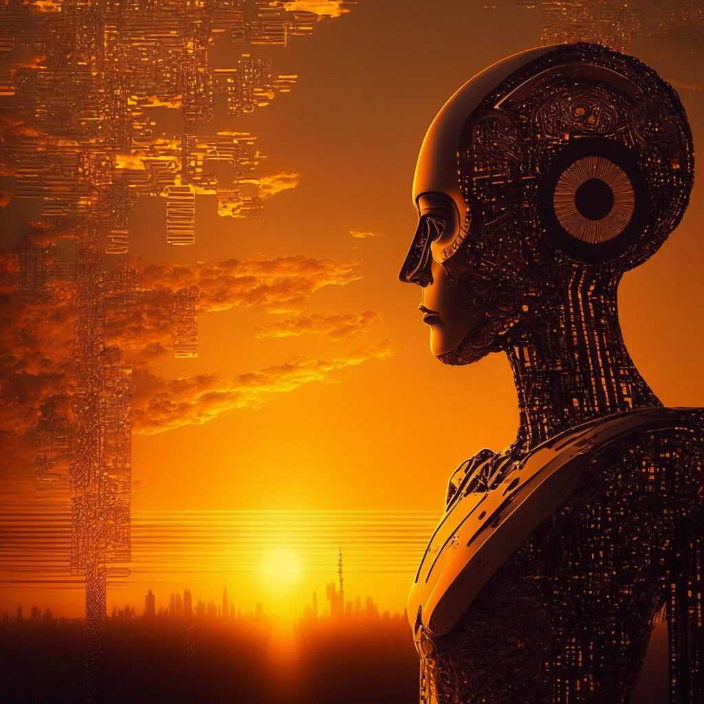 Futuristic anti-bot technology, universal basic income vision, warm golden sunset, intricate blockchain patterns, progressive artistic style, dynamic human interactions, moody contrast, a feel of solving privacy concerns, air of optimism, touches of digital freedom. (334 characters)