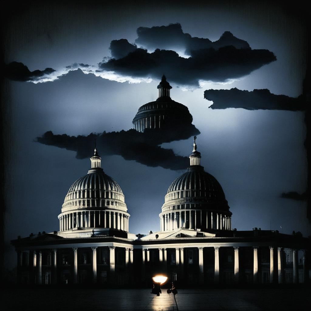 Debt ceiling debate, US Capitol dome at dusk, Biden and McCarthy in discussion, financial documents, market charts in background, chiaroscuro lighting, somber mood, financial tightrope balancing, sense of uncertainty, contrasting short-term relief with long-term consequences, dark clouds loom overhead.