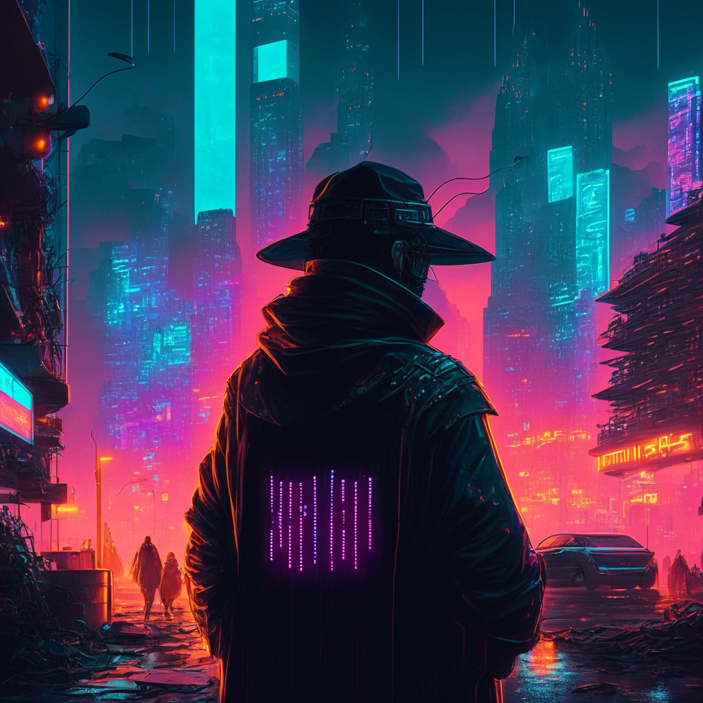 Intricate cyberpunk cityscape at dusk, glowing neon signs, futuristic hackers working diligently, white hat hacker uncovering vulnerabilities, secure cross-chain messaging platform, atmospheric contrast between dark and luminous elements, sense of determination and vigilance, celebrating record-breaking $15M bug bounty in crypto world, capturing essence of prioritizing security.