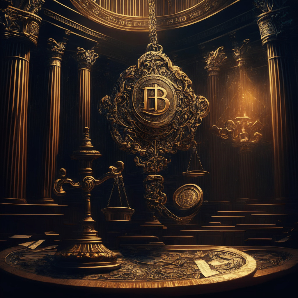 Intricate blockchain pattern, legal gavel, concerned investors, golden scales of justice, moody courtroom scene, Chiaroscuro lighting, Baroque artistic style, contrasting emotions, subtle tension, ethically charged atmosphere, cryptocurrency and accountability debate.