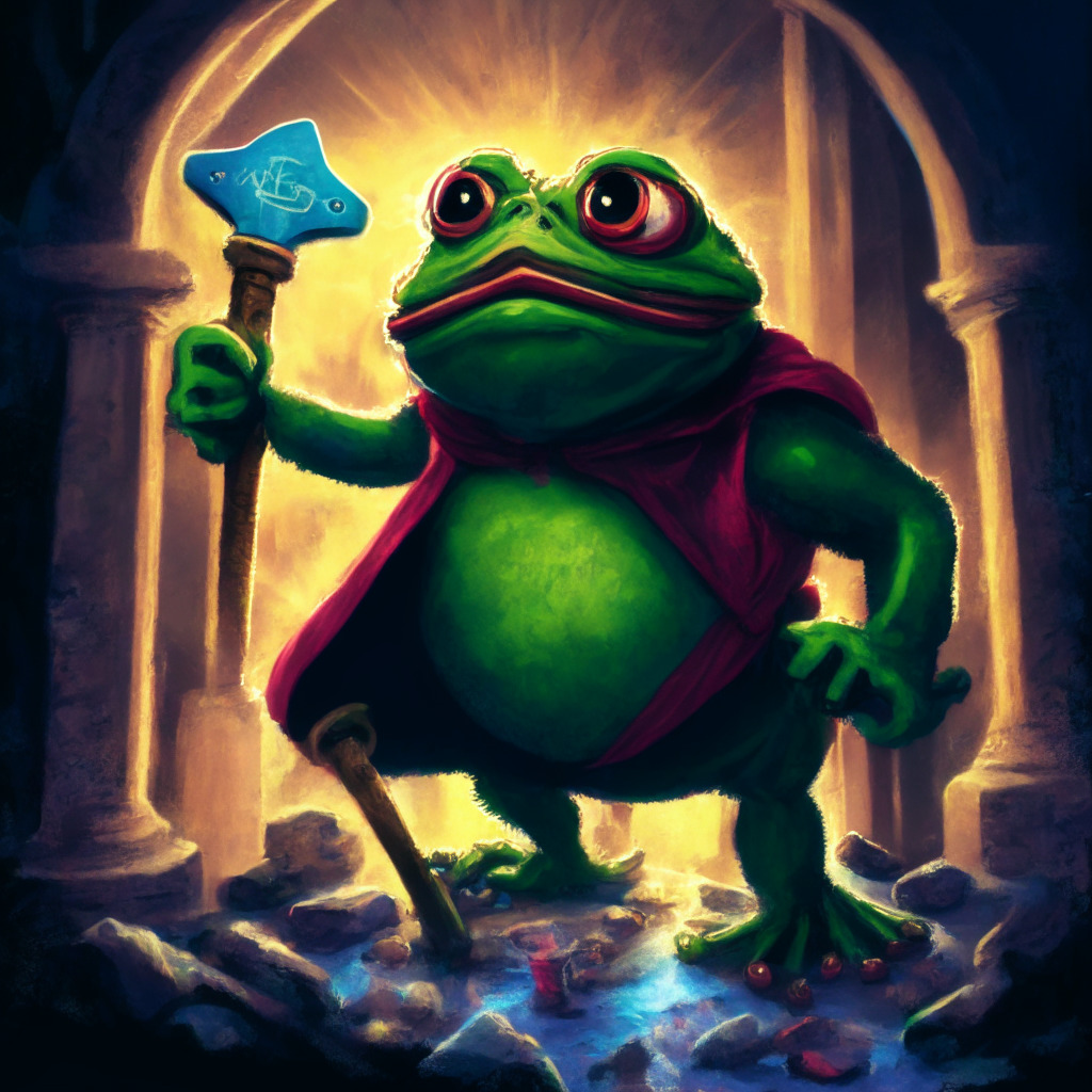 A vibrant, digital art-inspired scene depicting Pepe the Frog as a heroic moderator, holding a ban hammer against a background of various cryptocurrency logos, dark yet playful mood, chiaroscuro lighting emphasizes Pepe's guardian-like stance, expressive brushstrokes emphasize chaotic crypto overflow, underlying message of preserving artistic integrity.