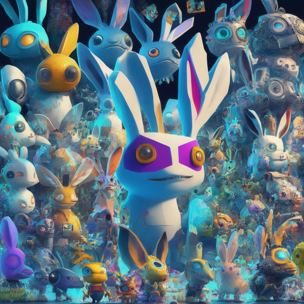 Intricate collectible avatars, multitude of independent artists' styles, Ethereum-powered marketplace, dappled light setting, vibrant & engaging, whimsical Rabbids NFTs, cautious optimism with bot activity concerns, innovative growth, Polygon integration ambition, emotional blend of excitement & skepticism.
