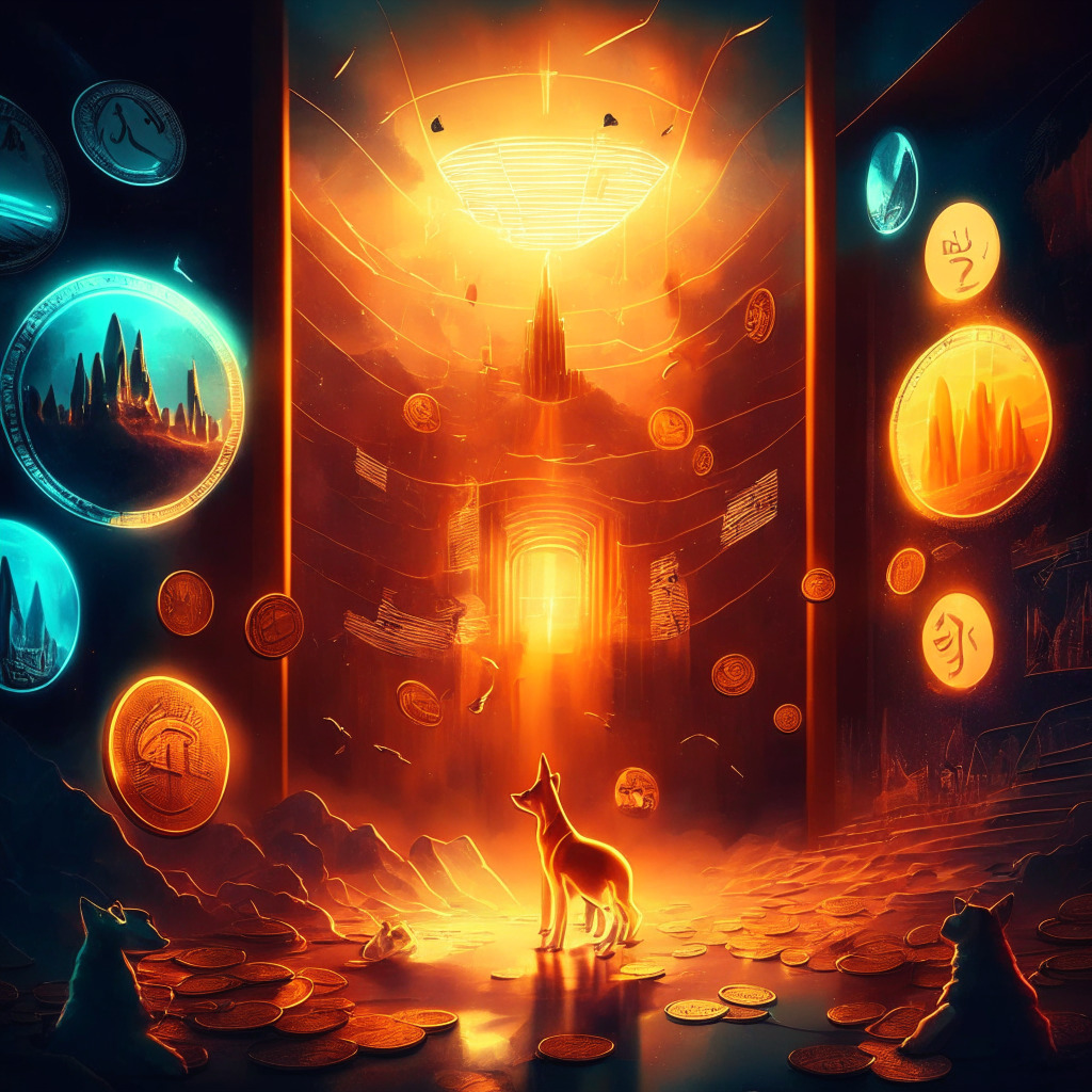 Cryptocurrency scene with dynamic chart, RefundCoin & AiDoge tokens rising, surreal artistic style, warm glowing light, optimistic atmosphere, risk-aware mood, ousting established coins, hint of frenzy.