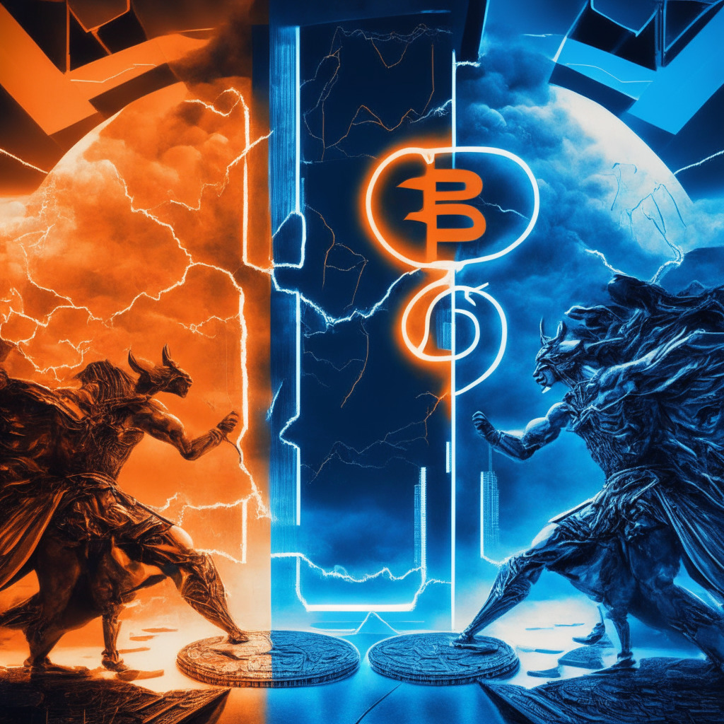 Futuristic financial battleground, Valkyrie's BTFD ETF vs Grayscale's spot Bitcoin ETF, blue and orange hues, chiaroscuro lighting, intense atmosphere, balance of power metaphor, sophisticated investors analyzing assets, stormy sky with cryptocurrency coins, vibrant zigzag patterns reflecting market volatility, underlying uncertainty amidst hope.