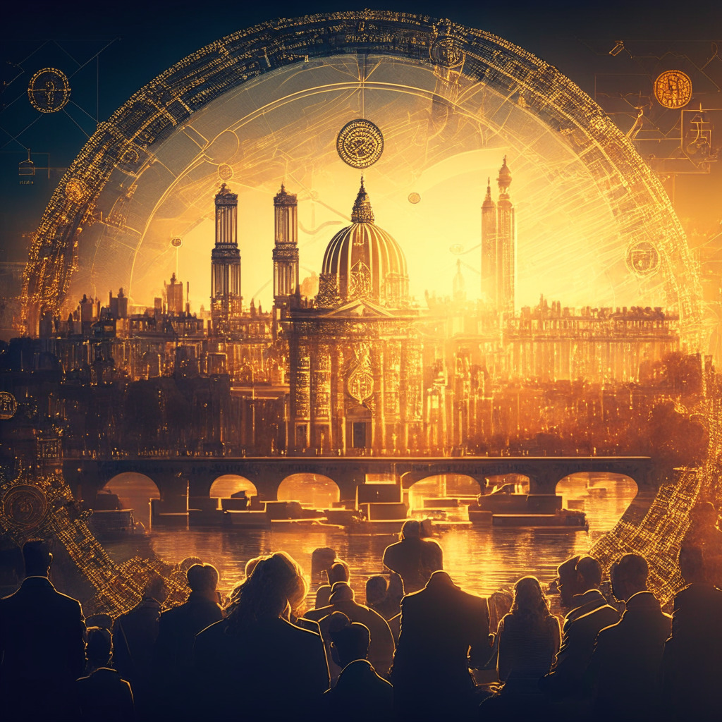 Intricate crypto regulation scene on a UK city background, soft-lit golden hour, baroque artistic style, compliance and innovation theme, ethereal atmosphere, DeFi app icons, open-source blockchain elements, interconnected web of influence, off-chain data integrity subtlety, collaborative regulatory discussion, harmonious mood, 350 characters.