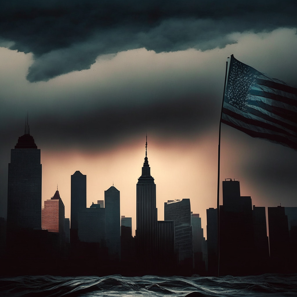 Gloomy skyline over Wall Street, Bitcoin sinking in turbulence, US flag at half-mast, lawmakers scrutinizing crypto, light casting shadows, chiaroscuro style, uncertain regulatory environment, subdued colors and tones, somber mood, hint of hopeful sunrise in the distance.