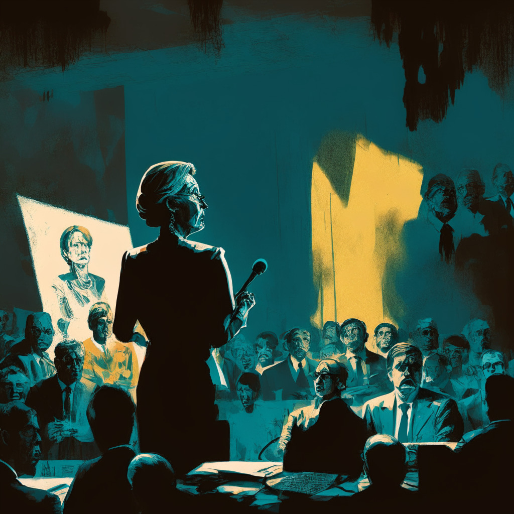 Intricate political scene, Elizabeth Warren addressing committee, digital currencies background, serious mood, national security vs crypto privacy theme, dimly lit atmosphere, shadows cast over figures, bold strokes, muted colors, focused attention on speaker, tension in the air, question of balancing interests.