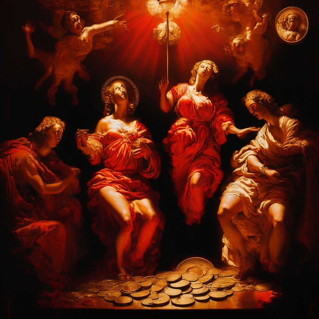 A vivid, Renaissance-style painting, featuring $GOD, $MARY & $BABYJESUS coins as ethereal figures, soft chiaroscuro light, dynamic contrast, warm hues & an air of caution. Suspended above the coins, a red flag & pump and dump warning, symbolizing the risks looming in the shadows.