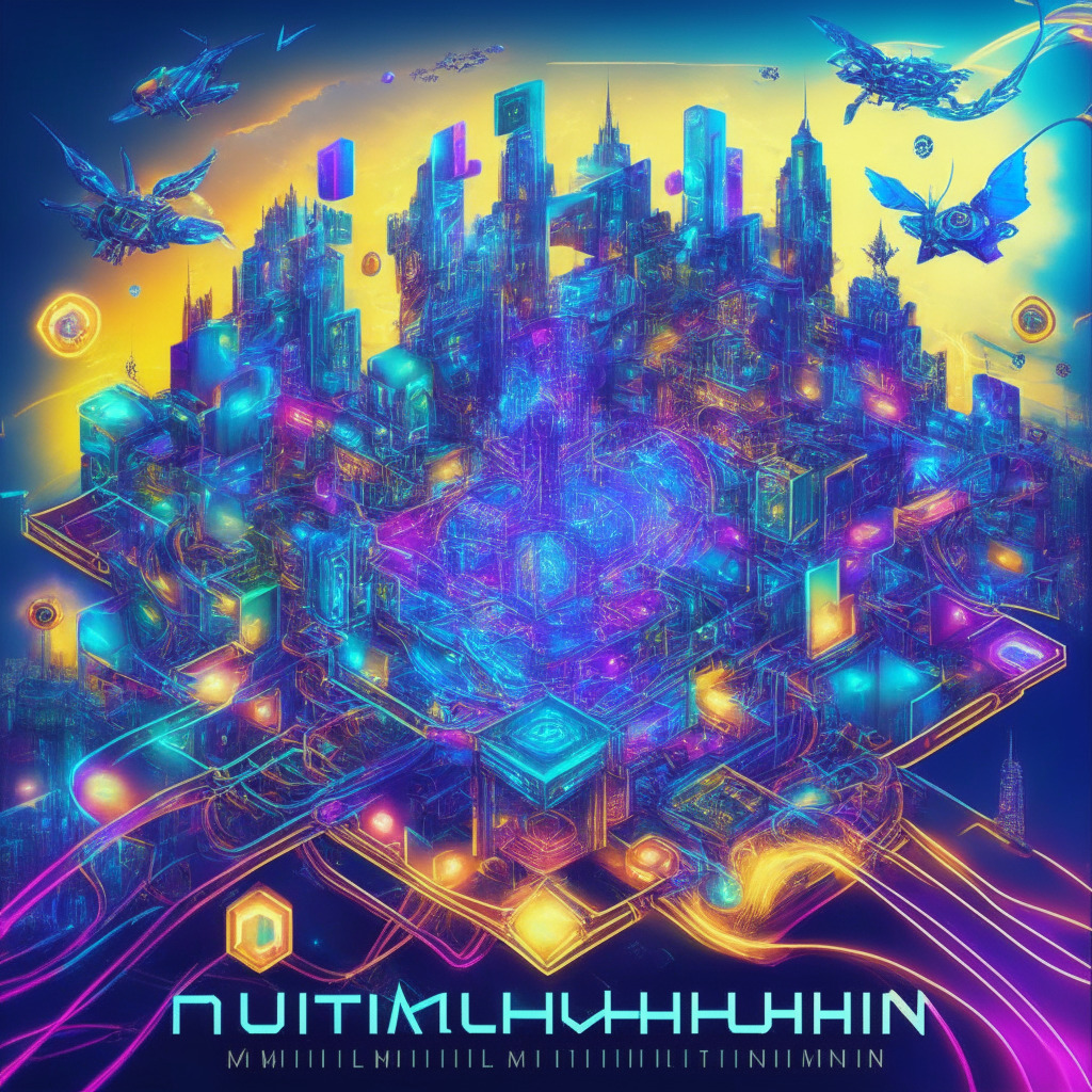 Multichain gaming revolution, futuristic web3 cityscape, interoperable digital assets, vivid colors, dynamic lighting, multiple interconnected blockchain symbols, diverse player community, cross-chain quest, art nouveau style, sense of excitement and collaboration, seamless gaming ecosystem, limitless possibilities in gaming world.